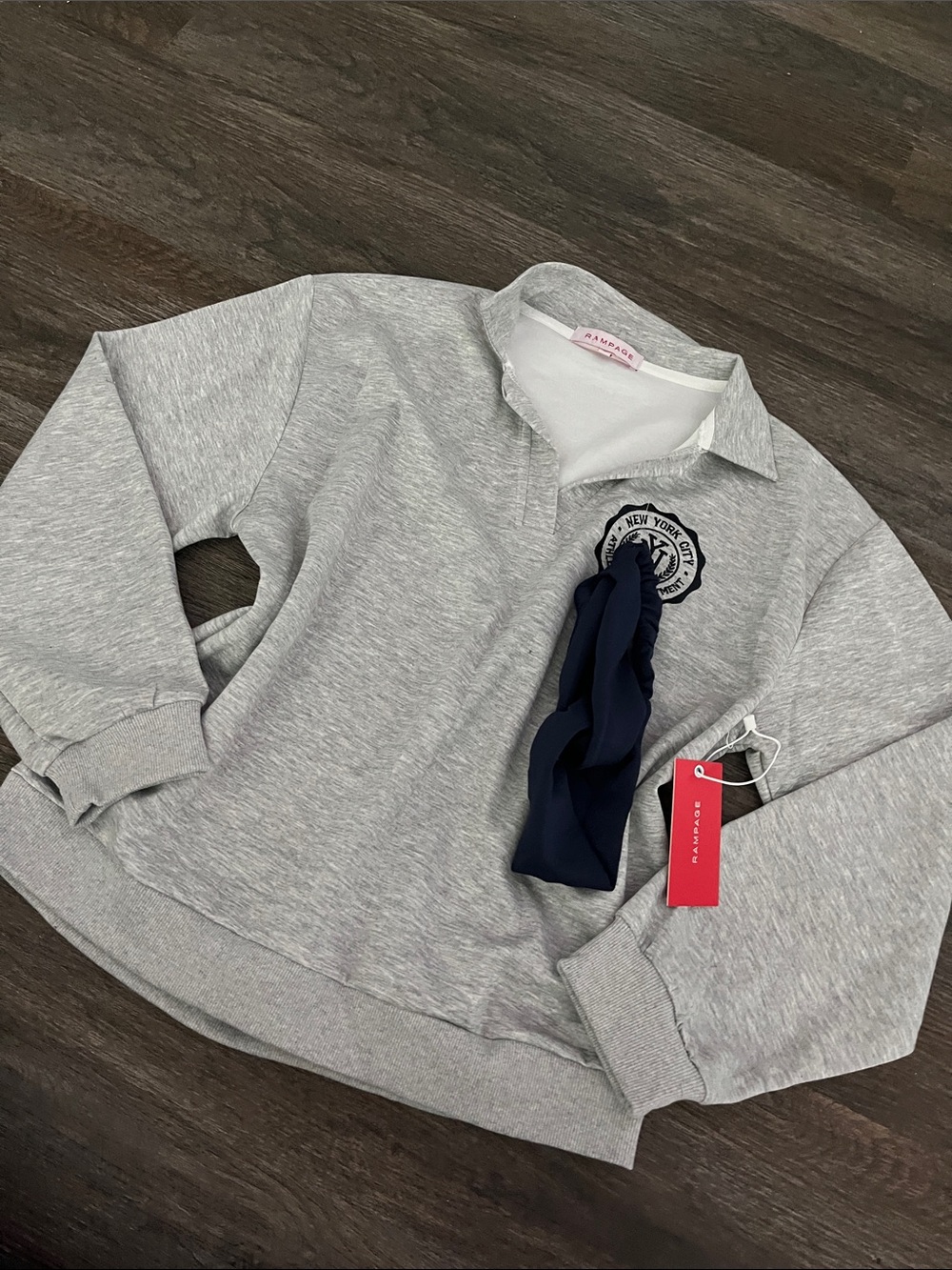 Amandine Light Heather Gray Crewneck Sweater with Navy Patch Detail